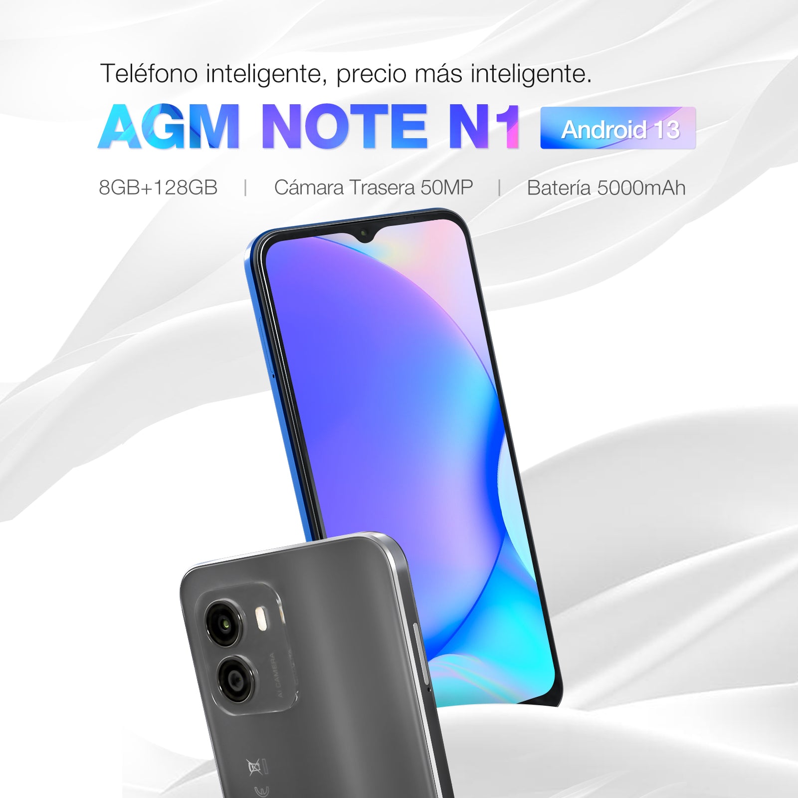 AGM NOTE N1 | Cámara dual AI de 50 MP | Pantalla de 90 Hz | Android 13 | Batería masiva | 8 GB de RAM + 128 GB de ROM