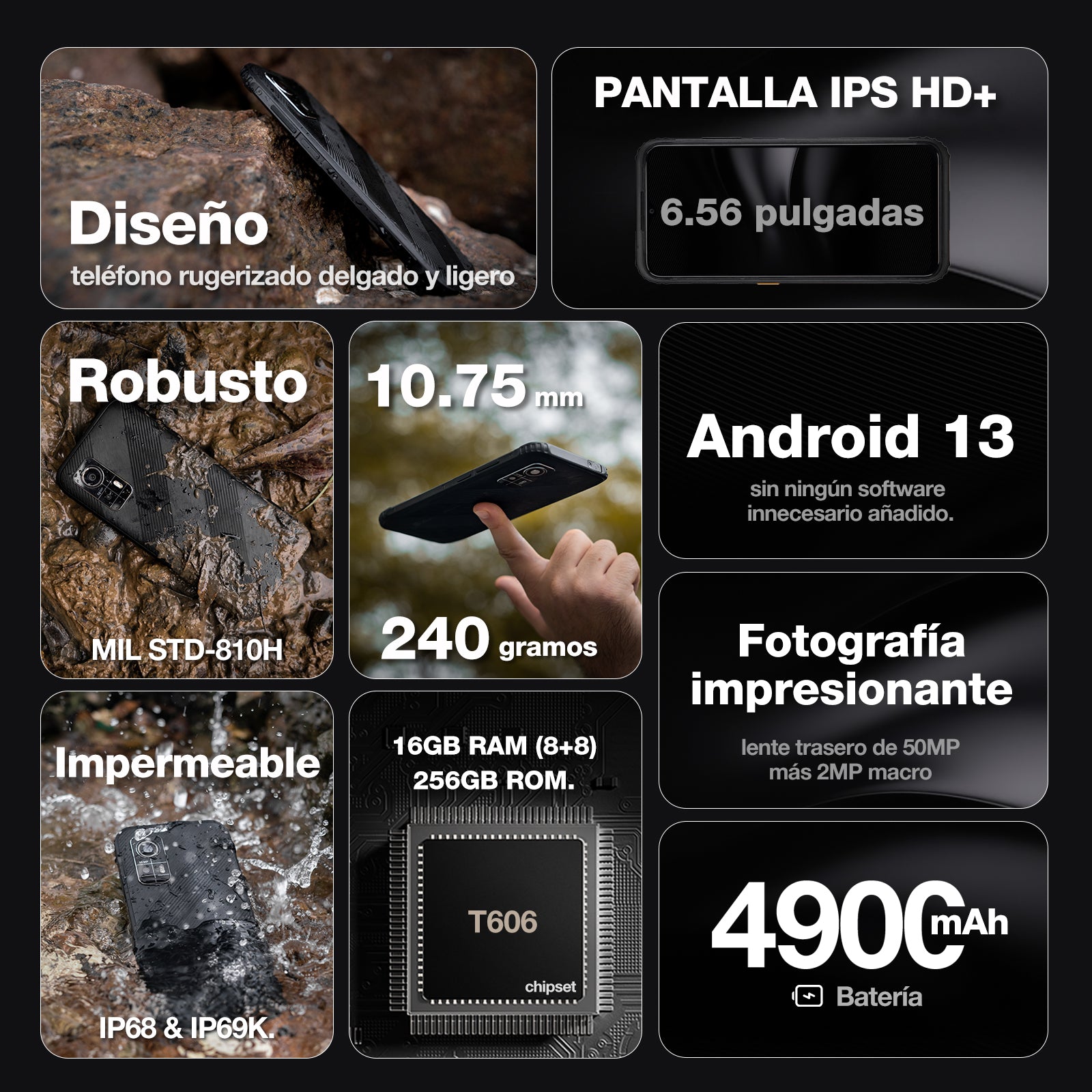 AGM H6 | Ultra-Fino| Rugerizado | Pantalla de 6.56 pulgadas a 90Hz | 8 GB de RAM + 8 GB de RAM Virtual Expandida + 256GB ROM | Android 13