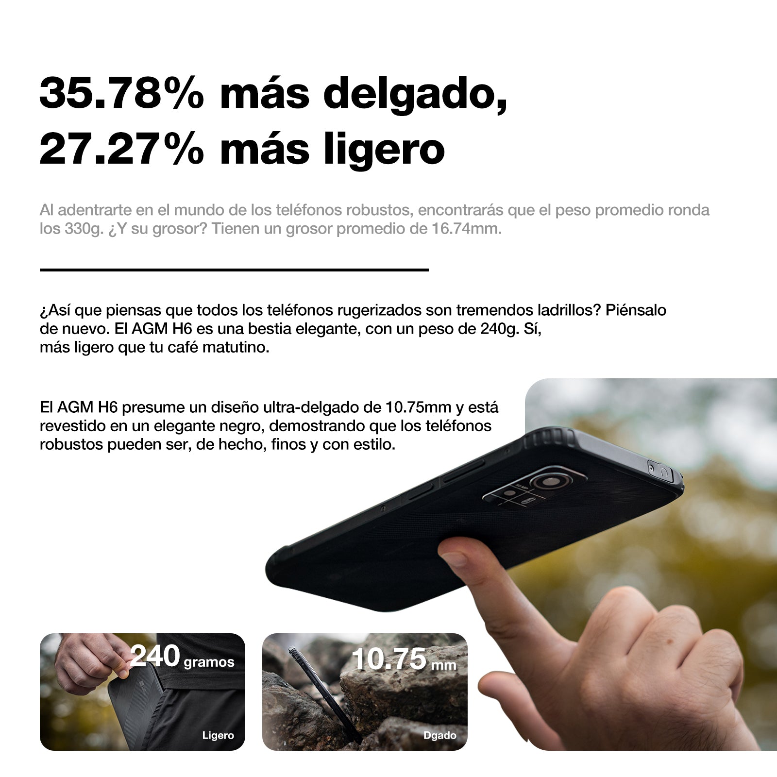 AGM H6 | Ultra-Fino| Rugerizado | Pantalla de 6.56 pulgadas a 90Hz | 8 GB de RAM + 8 GB de RAM Virtual Expandida + 256GB ROM | Android 13