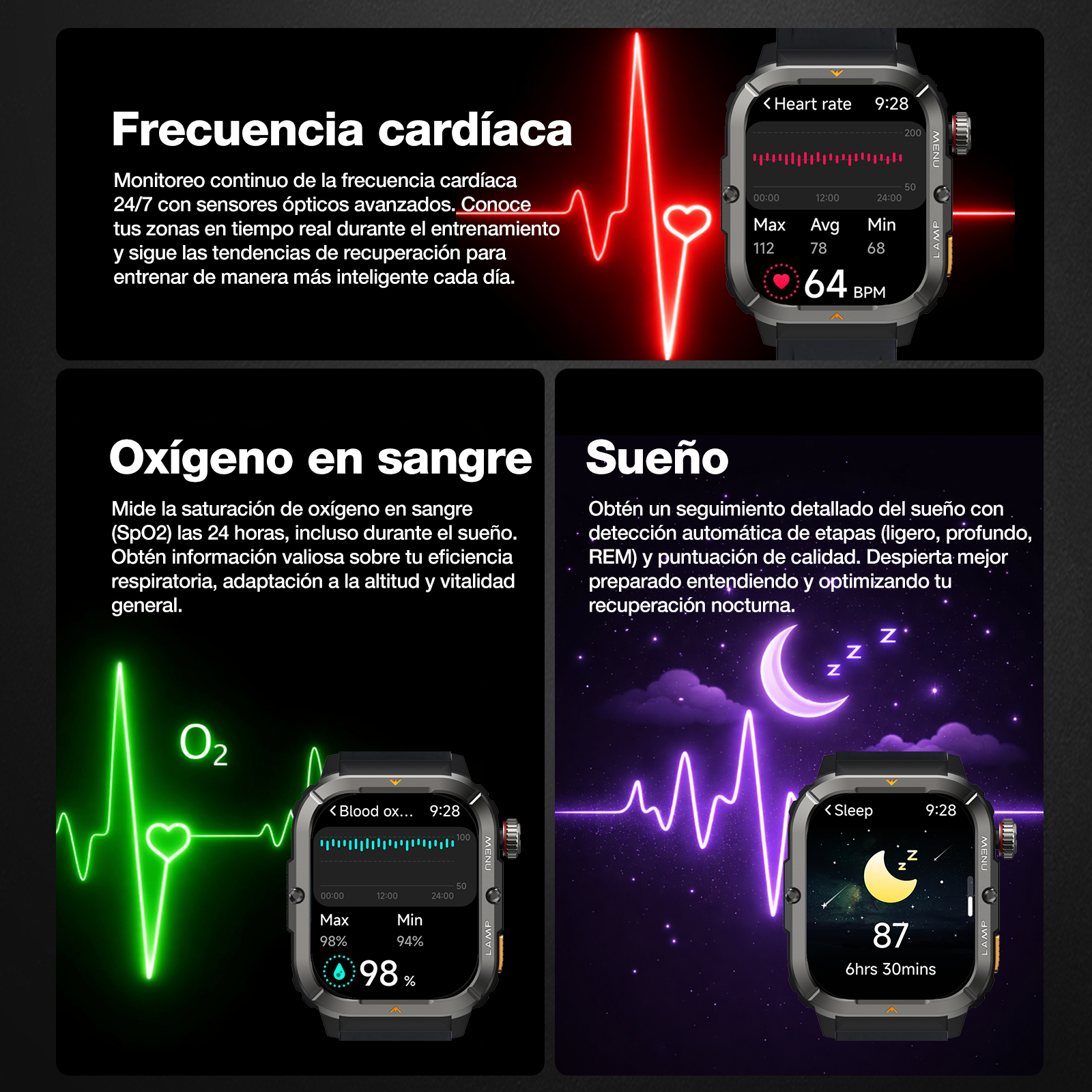 AGM Legion 3 | Smartwatch | Pantalla OLED | Batería de 500mAh | Llamadas por Bluetooth | Monitor de Frecuencia Cardíaca | Resistencia al Agua 5ATM | Linterna LED | Reloj Deportivo Robusto Cuadrado