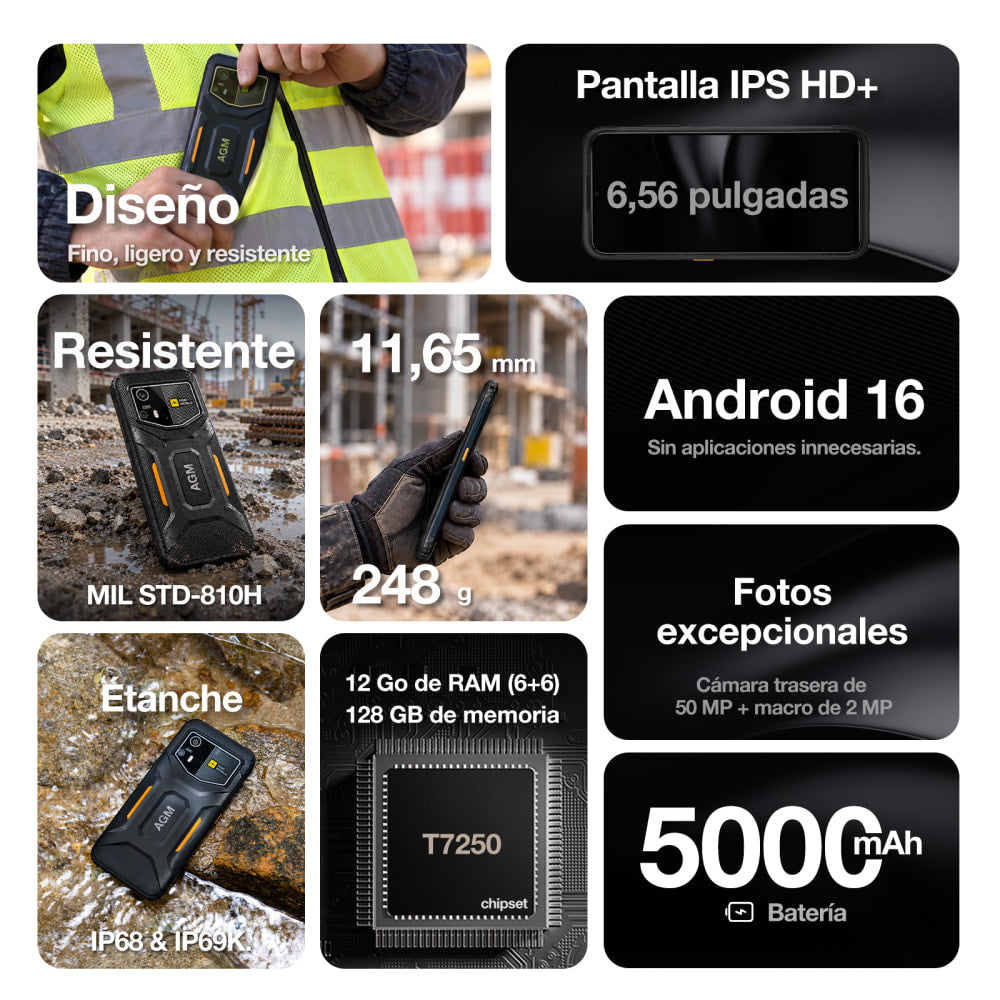 Preventa | AGM H6 Pro | Smartphone resistente y delgado | Pantalla HD+ de 6,56″ | Cámara de 50 MP | Batería de 5000 mAh | IP68/IP69K | Android 16 | NFC