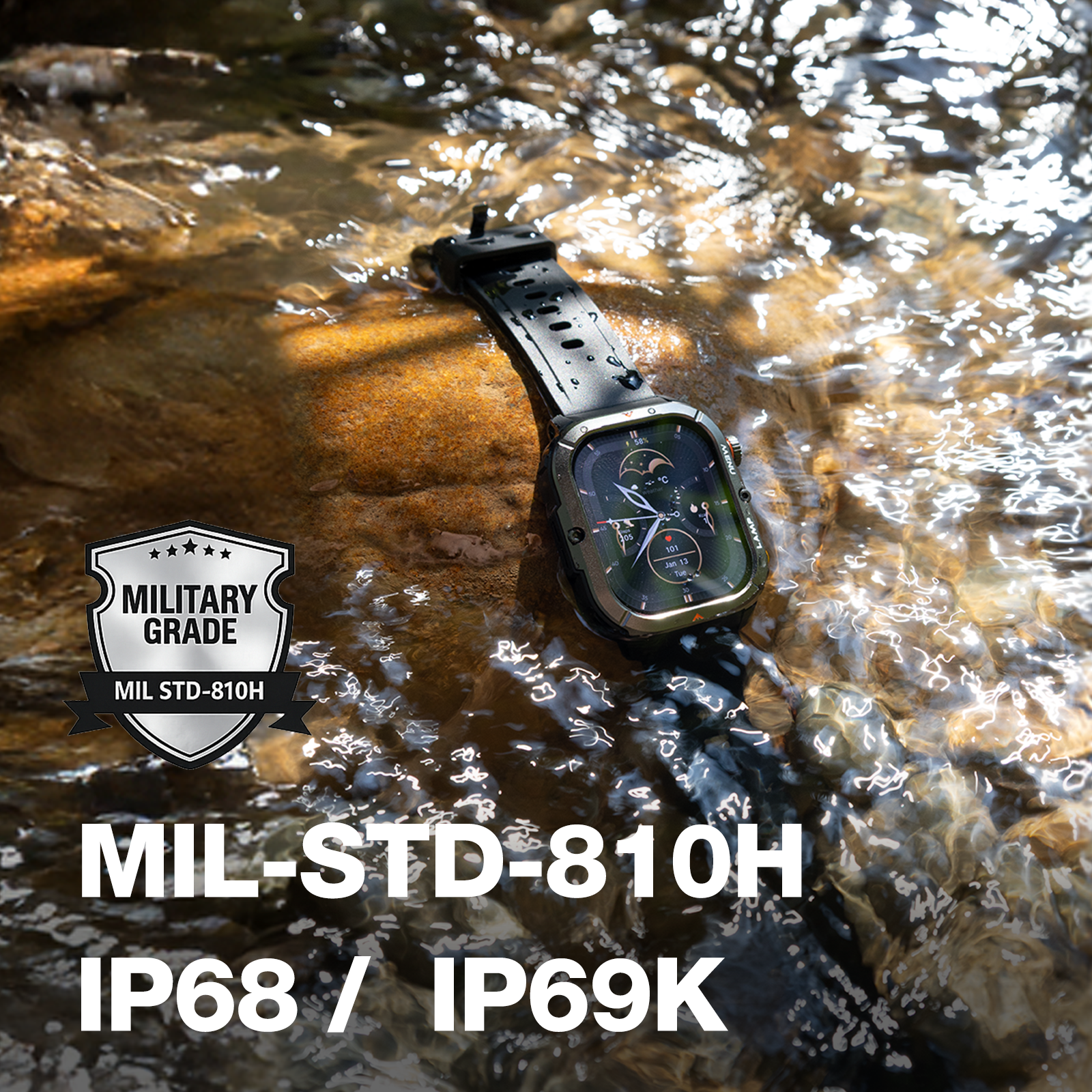 AGM Legion 3 | Smartwatch | Pantalla OLED | Batería de 500mAh | Llamadas por Bluetooth | Monitor de Frecuencia Cardíaca | Resistencia al Agua 5ATM | Linterna LED | Reloj Deportivo Robusto Cuadrado