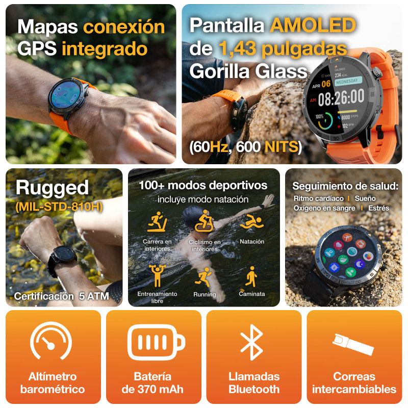 AGM Legion Pro | GPS | Mapas sin conexión | 5 ATM | Resistente al agua IP68 | 100+ modos deportivos | Smartwatch