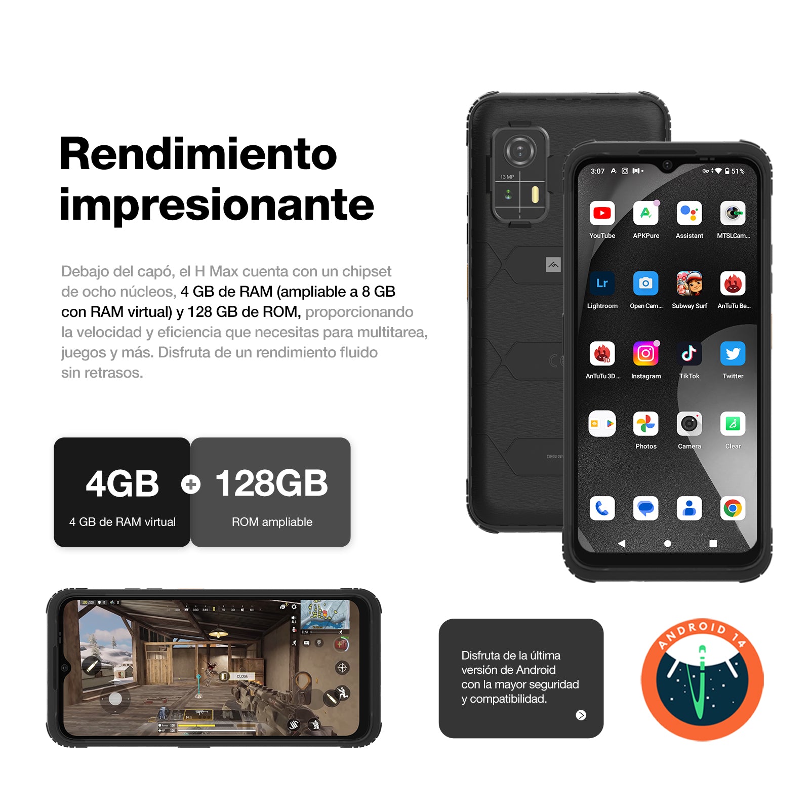 AGM H Max | Resistente | Batería de 10000 mAh | Ligero y Delgado | Pantalla de 90 Hz | Doble SIM 4G | Android 14