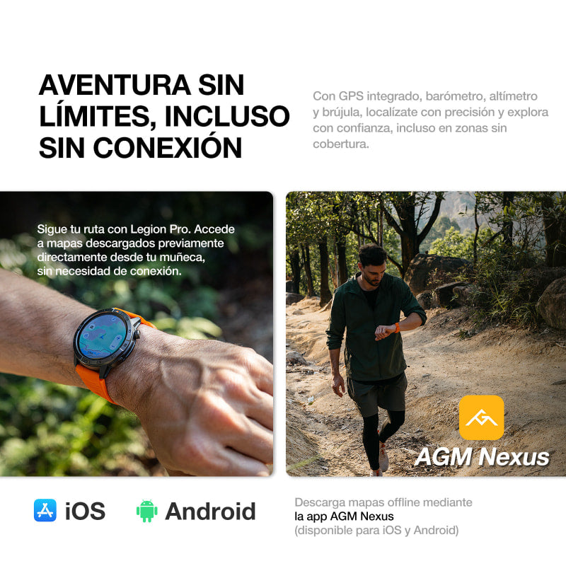 AGM Legion Pro | GPS | Mapas sin conexión | 5 ATM | Resistente al agua IP68 | 100+ modos deportivos | Smartwatch