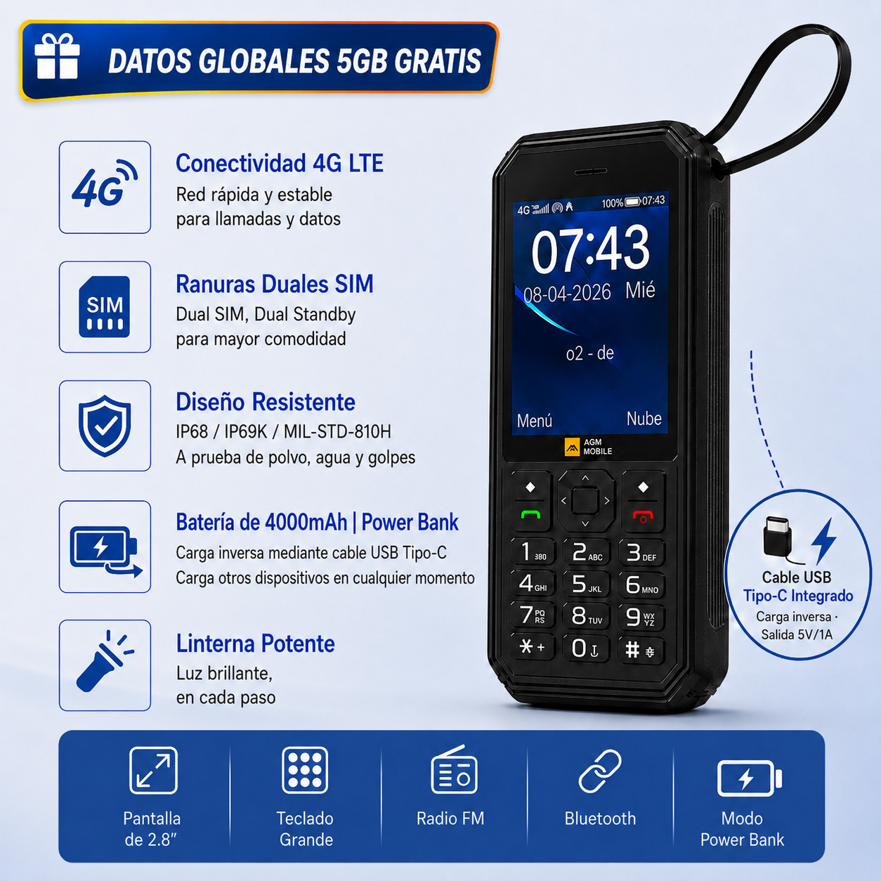 Preventa | AGM M11 | Teléfono MiFi 4G｜Hotspot Wi-Fi portátil｜Batería de 4000 mAh｜Resistente al agua IP68/IP69K｜Carga inversa por cable｜Radio FM｜Conector de 3,5 mm