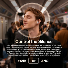 AGM Buds 8 | Sonido de rango completo de 13mm | ANC de -25dB | 6H de reproducción | Resistencia al agua IPX4