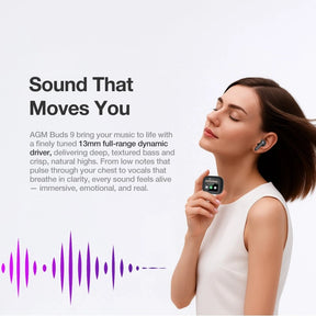 AGM Buds 9 | Estuche de carga con pantalla táctil | Sonido de rango completo de 13mm | ANC de -25dB | Resistencia al agua IPX4