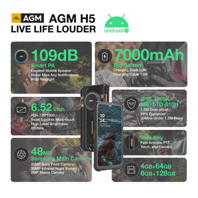 AGM H5 | Android 12 | Móvil resistente | Altavoz de 109dB |
